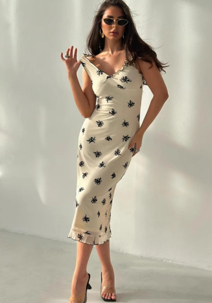 Women Summer French Bow V-Neck Suspender Bodycon Dress