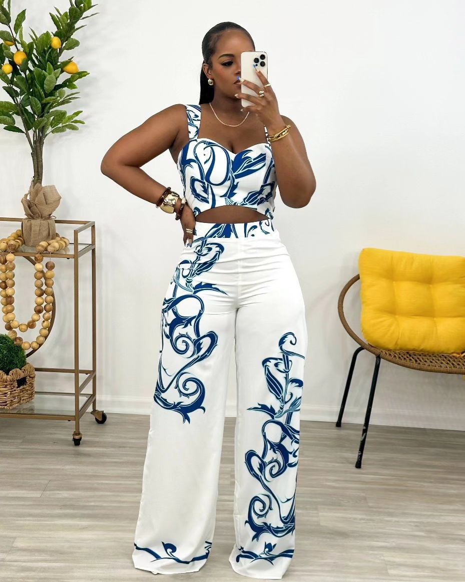 Women Sexy Print Suspender Top and Wide Leg Pants Two-piece Set 4