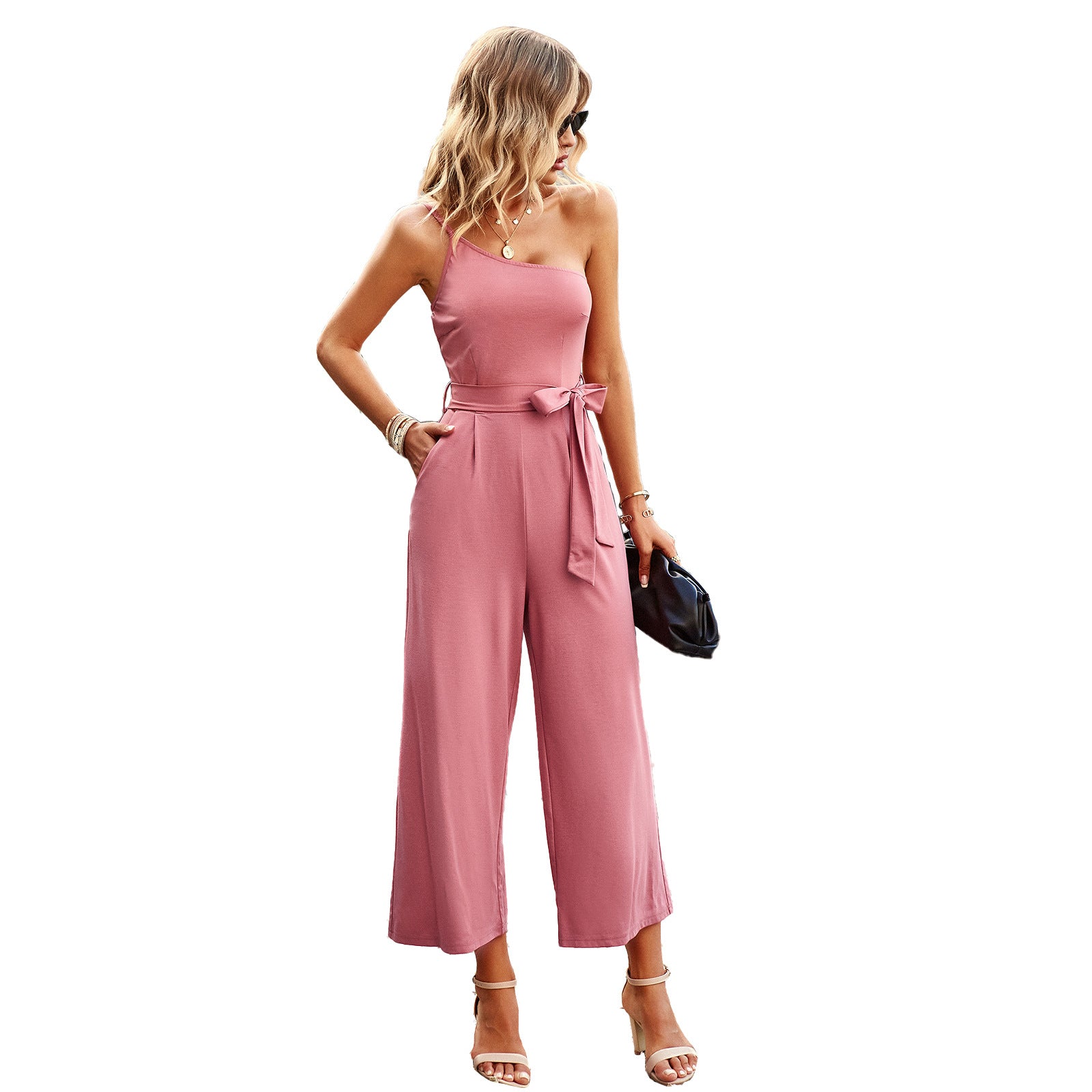 Slash Shoulder Belted Jumpsuit Women'S Spring Summer Chic Career Solid Color One Shoulder One Piece Wide Leg Pants 9