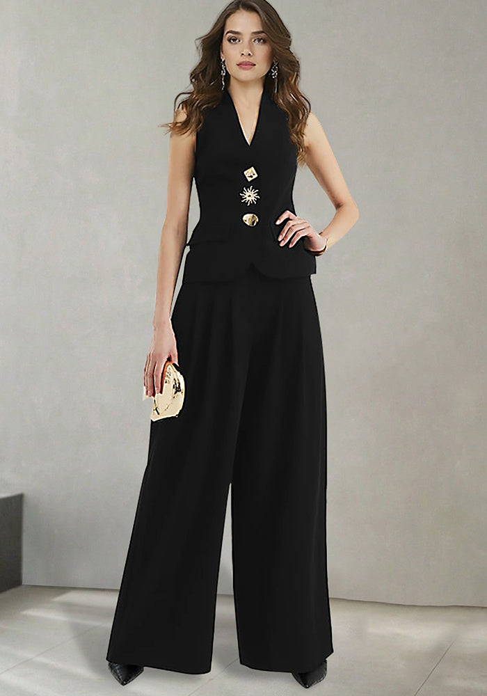 Women's Chic Elegant Solid Color V-Neck Sleeveless Vest & High-Waist Wide-Leg Trousers Set