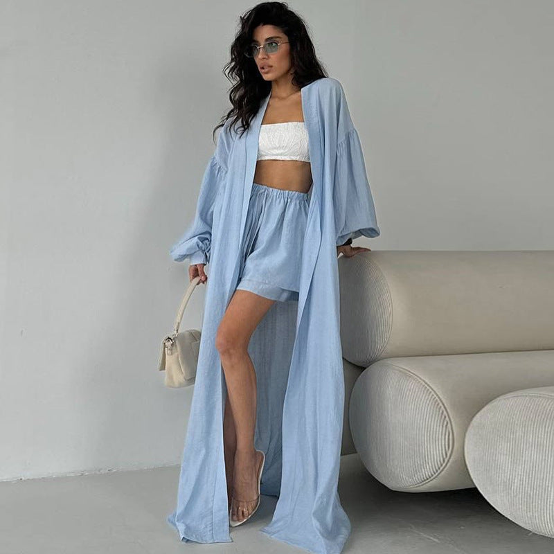 Women's Summer Fashion Lantern Sleeve Cardigan Wide-Leg Shorts Casual Set 9