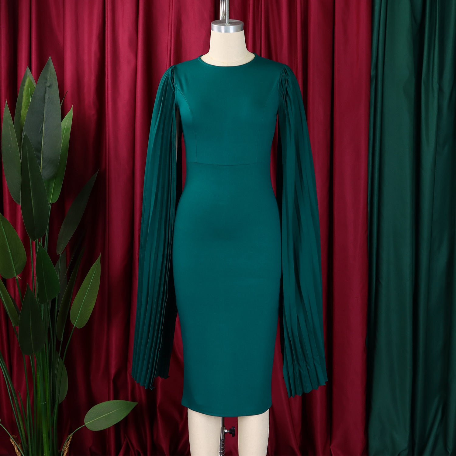 Women's Fashion Solid Color Round Neck Pleated Shawl Sleeve Formal Party Evening Dress 25