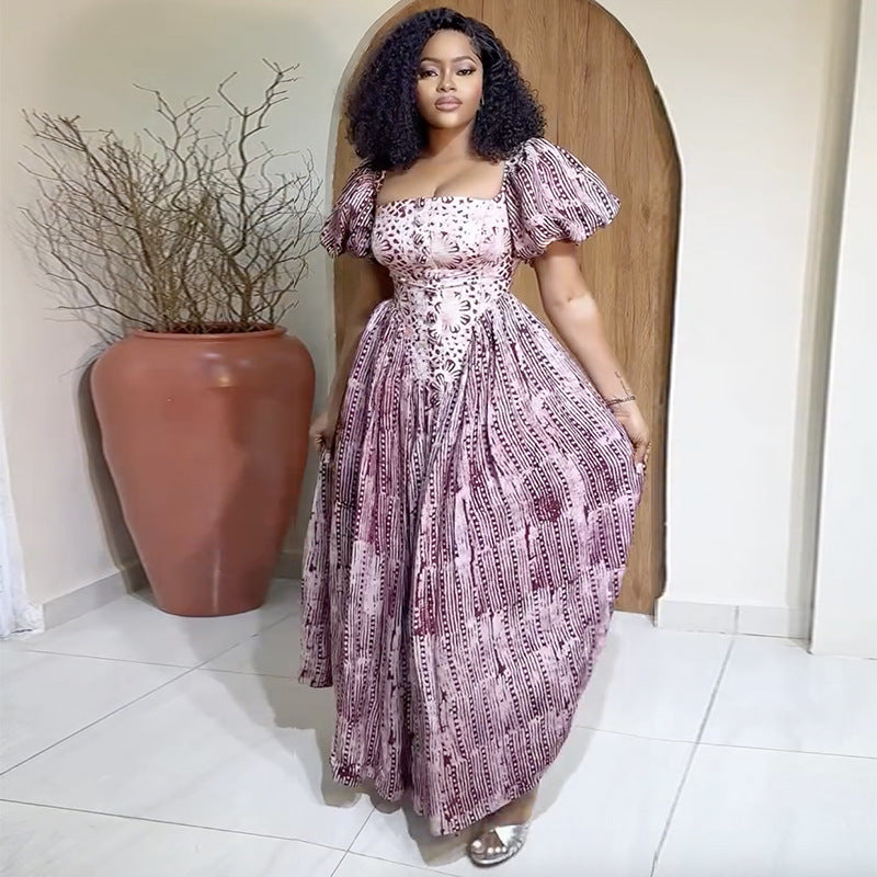 Women's Summer Fashion Square Neck Printed Bubble Sleeve High Waist Dress