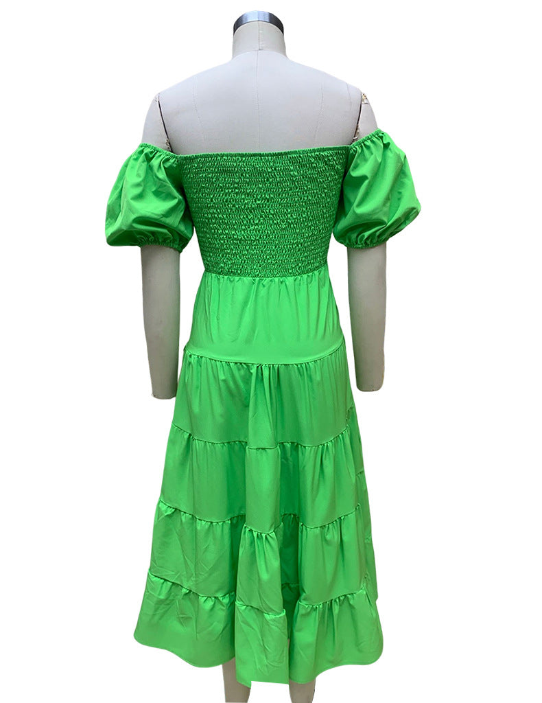 Summer Women's Fashion Loose Off Shoulder Puff Sleeve A-Line Midi Dress 22