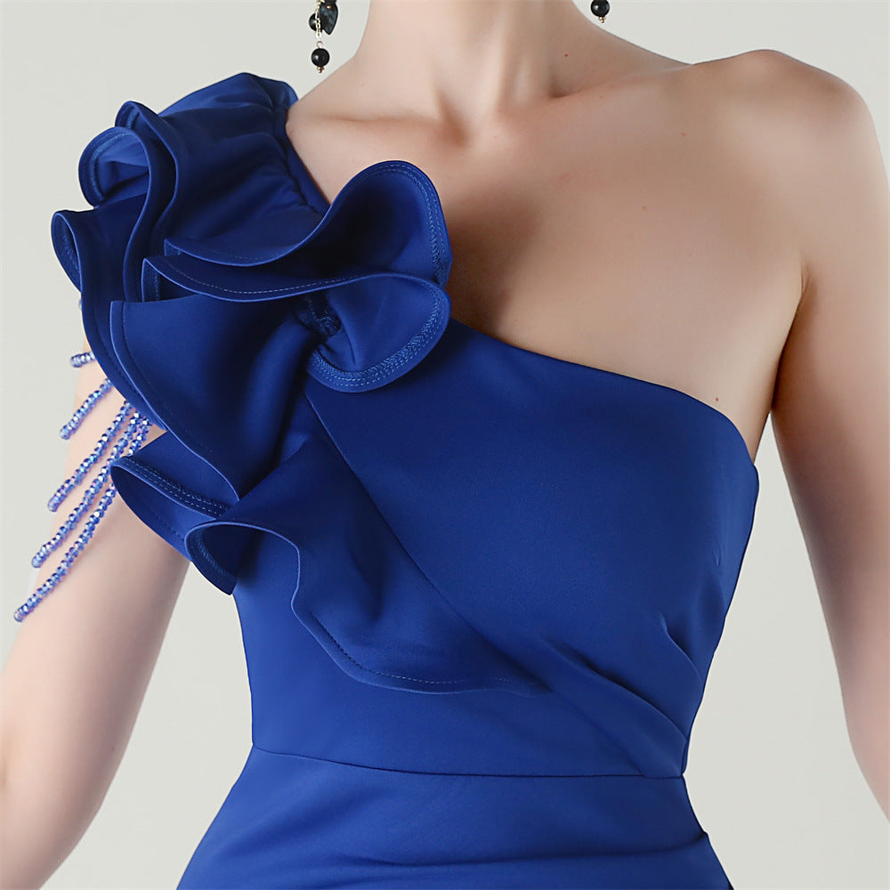 Women One-Shoulder Beaded Wool and Floral Satin Slit Sexy Evening Dress 81