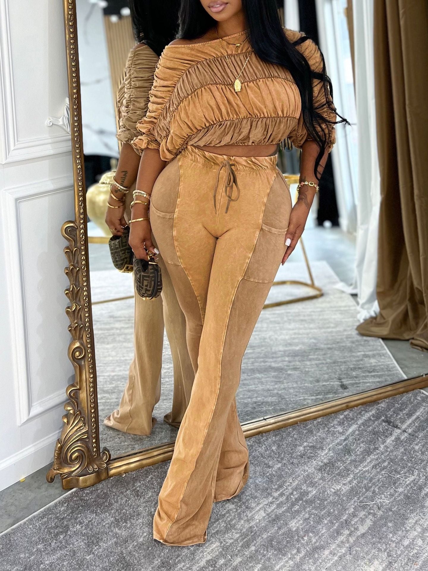 Women's Contrast Color Slim Stretch Top and Washed Long Pants Two-Piece Set 3