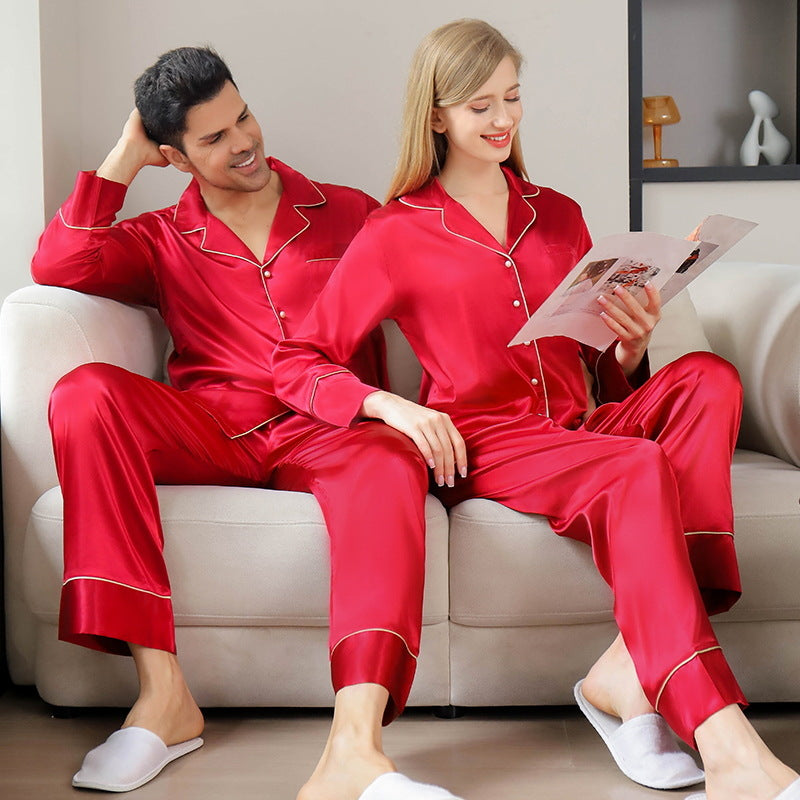 Ice Silk Couple's Pajamas Set Long Sleeve Nightwear for Men & Women 3