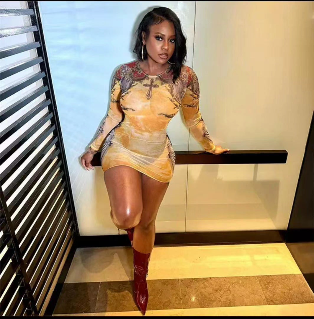 Women's Mesh Printing Round Neck Short Fashion Sexy Dress