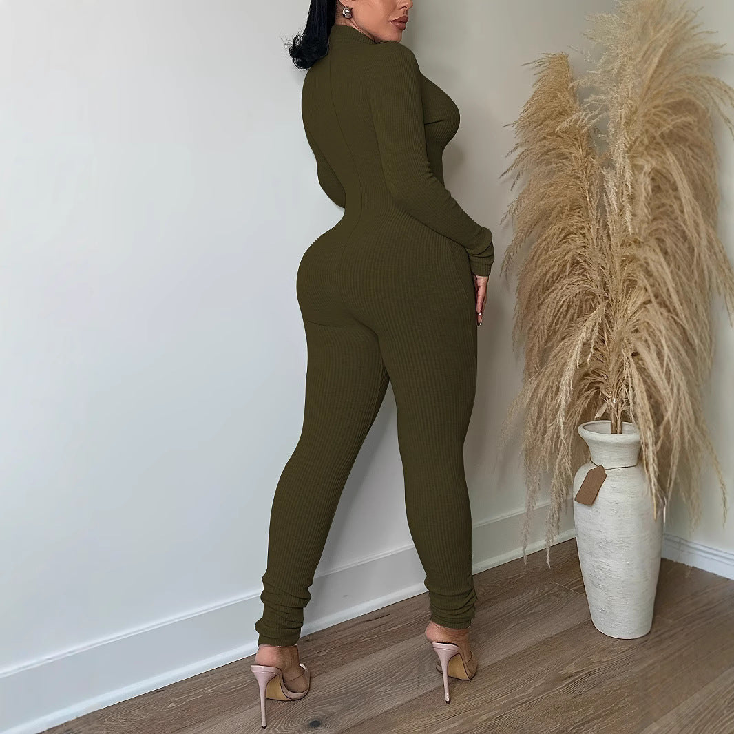 Plus Size Women Ribbed Solid Zipper Jumpsuit 5