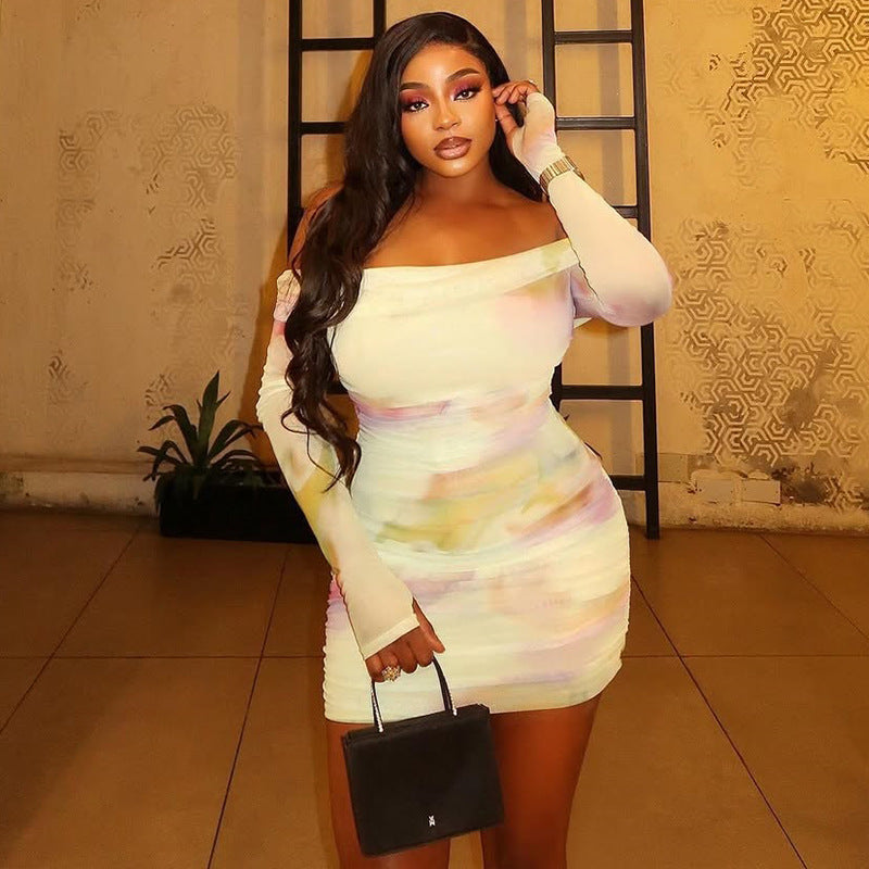 Women Printed Casual Pleated Bodycon Off Shoulder Strapless Dress