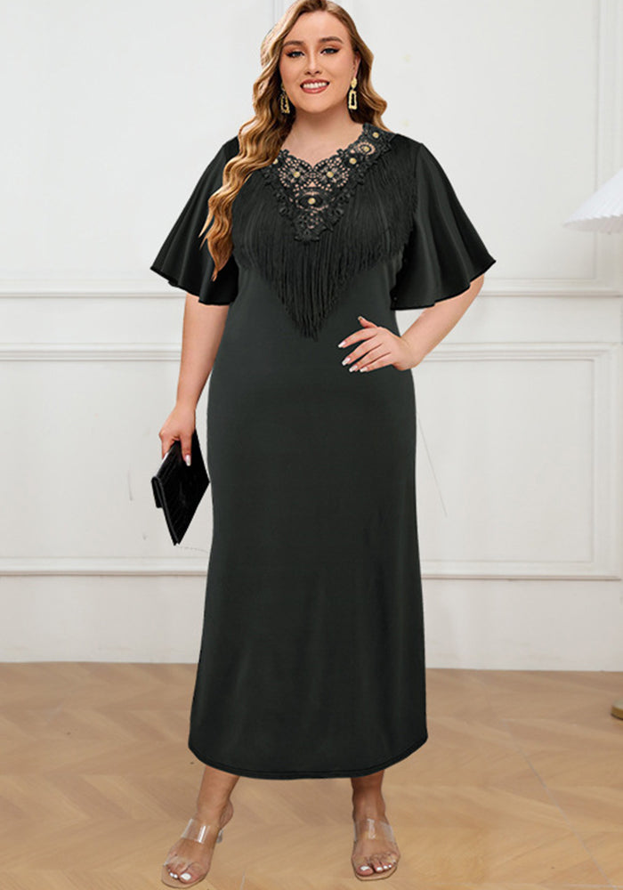 Plus Size Women Quarter Sleeve Tassel Slit Dress