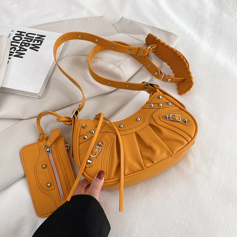 Diagonal pleated single shoulder women's retro rivet bag 12