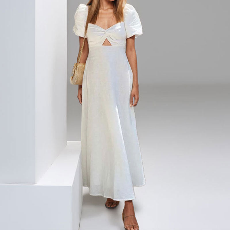 Women summer v-neck pleated short-sleeved hollow dress 6