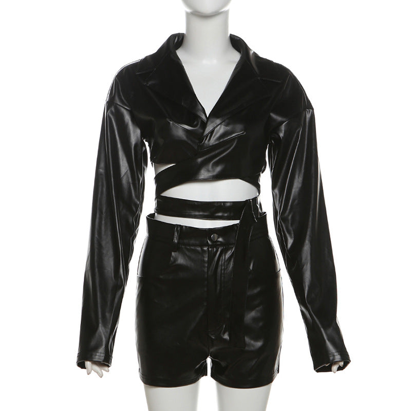 Women Sexy Turndown Collar V Neck Pu Leather Top and Shorts Two Piece Set 10