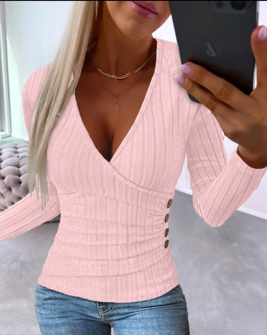 Women Autumn and Winter Long Sleeve V Neck Knitting Top