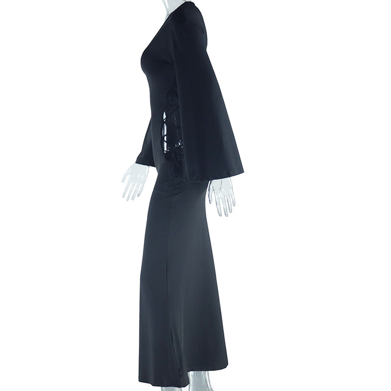 Women Sexy Off Shoulder Bell Bottom Sleeve Drawstring Tie Dress 7