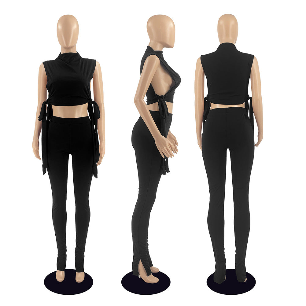 Women Solid Lace-Up Sexy Top and Pant Two-piece Set 8