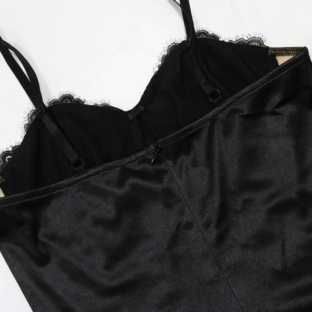 Sexy Solid Color Beaded Strap Irregular Party Dress Women Slit Long Gown 16