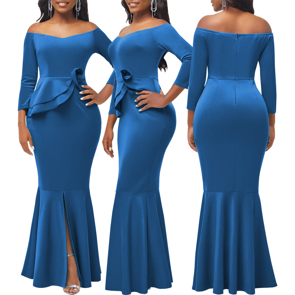 Sexy Fashion Solid Off Shoulder Slit Women's Evening Dress 3