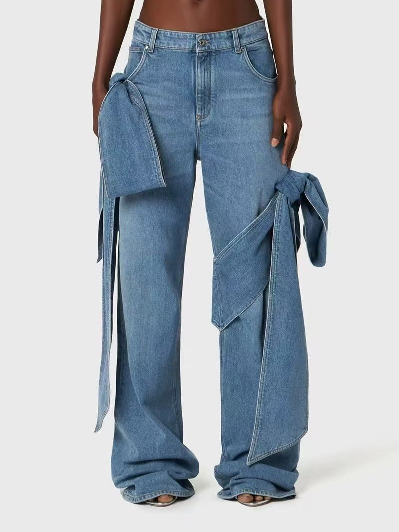 Women Spring Patchwork Bow Denim Wide Leg Pants 5
