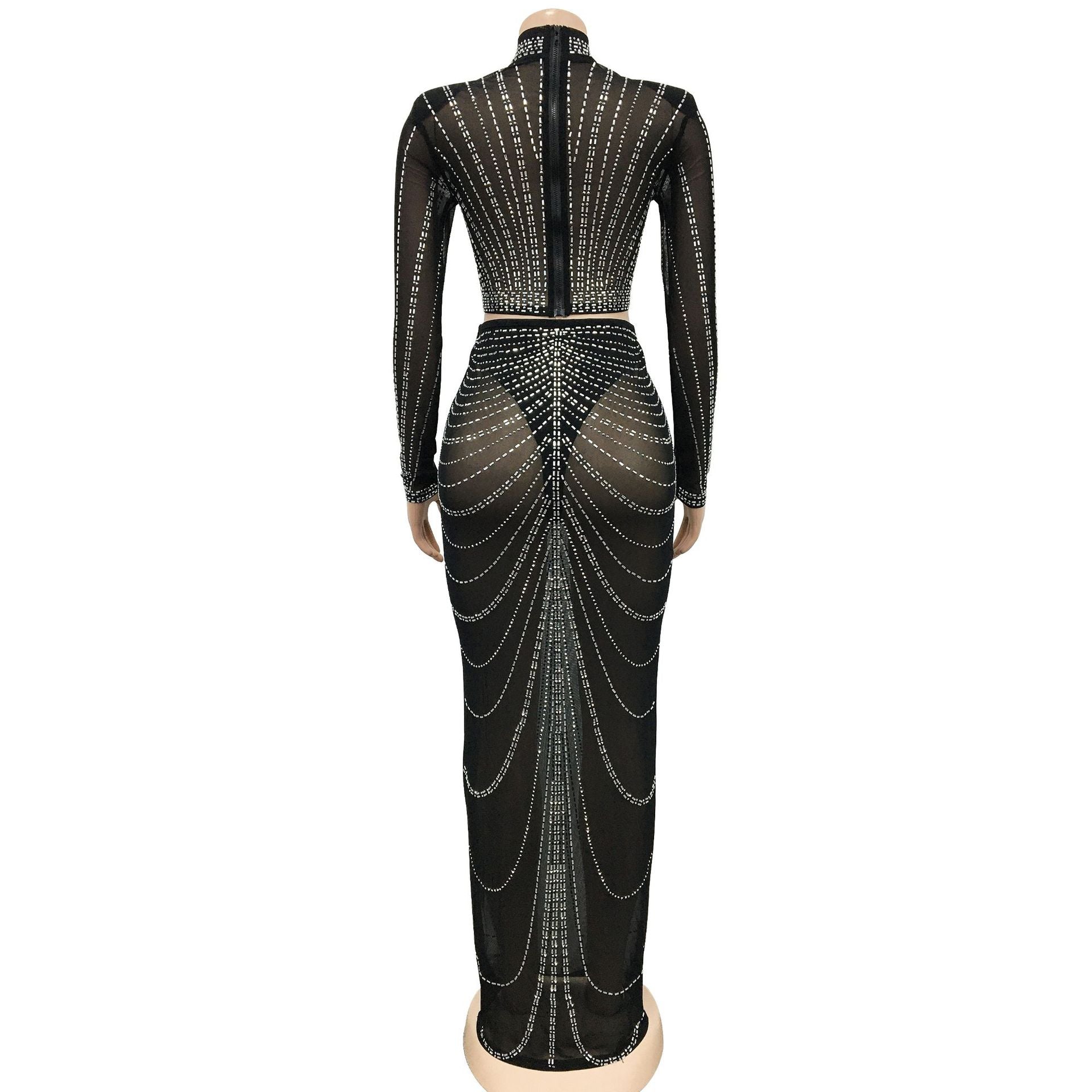 Women's Fashion Mesh Beaded See-Through Long Sleeve Long Dress Two Piece 16