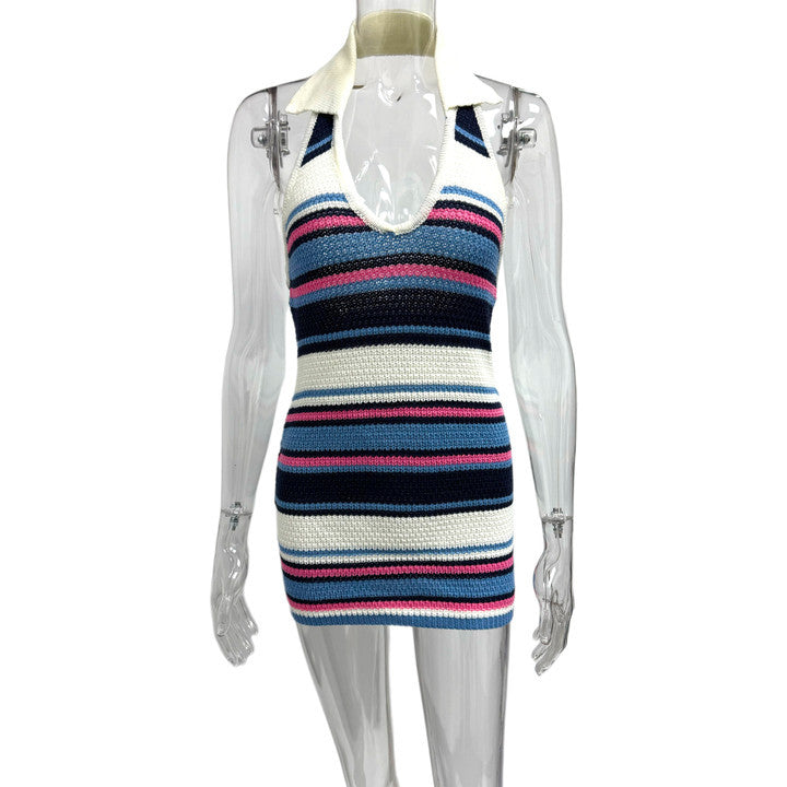 Summer Women's Striped Sexy V-Neck Halter Neck Knitted Bodycon Dress 15