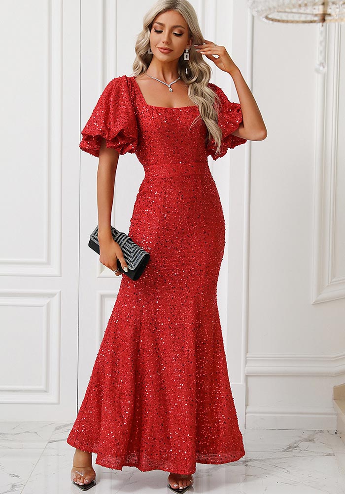 Women's Sequin Square Neck Slim Formal Party Evening Dress