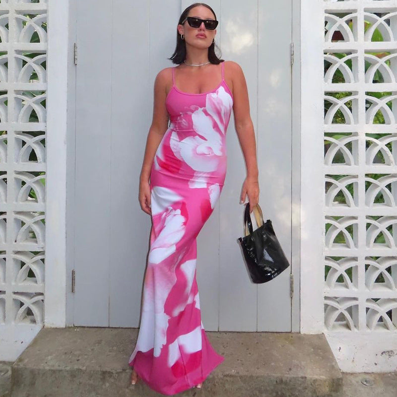 American Women's Summer Fashion And Sexy Low Back Slit Strap Dress