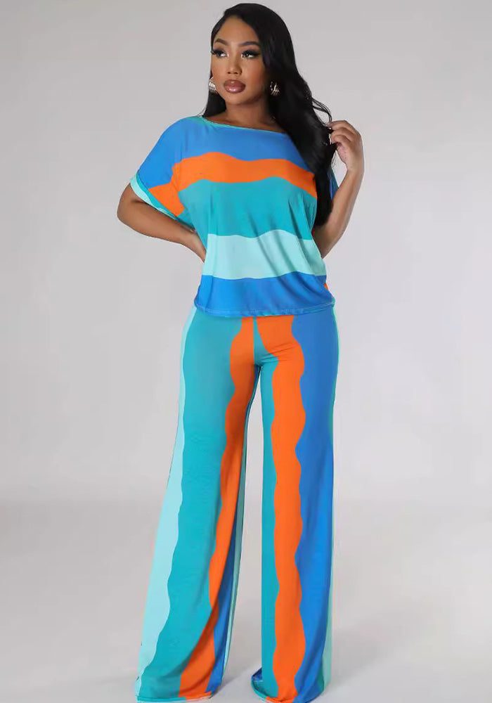 Stripe Printed Short Sleeve Loose Casual Two-Piece Pants Set