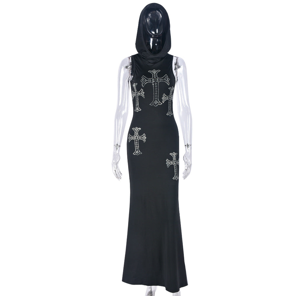 Women Cross Hot Rhinestone Style Hooded Sleeveless Maxi Dress 10