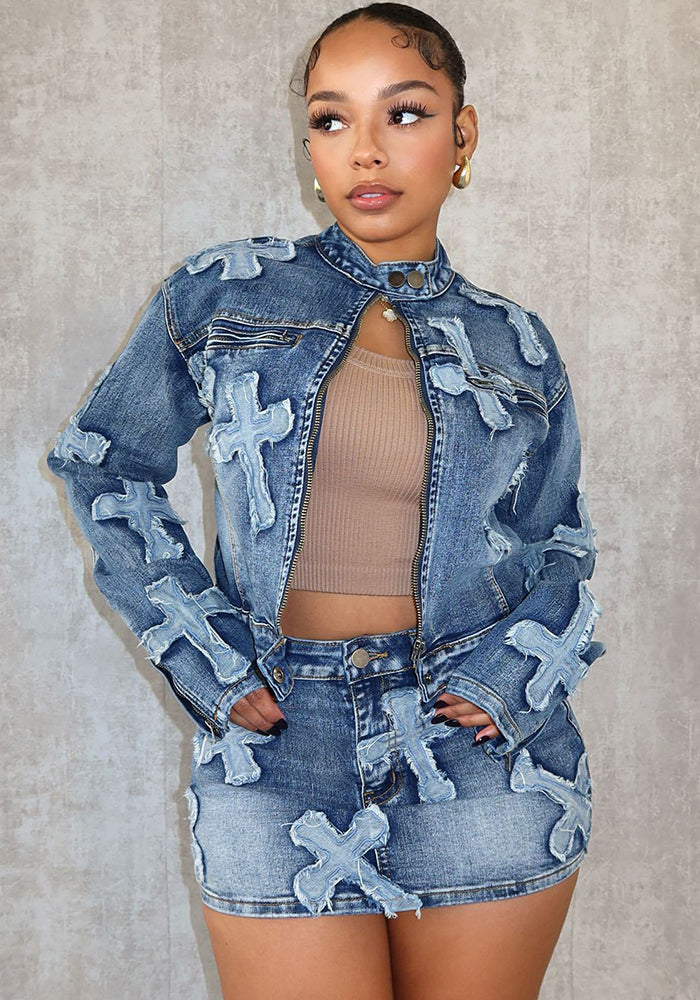 Spring Embroidered Denim Jacket Skirt Suit