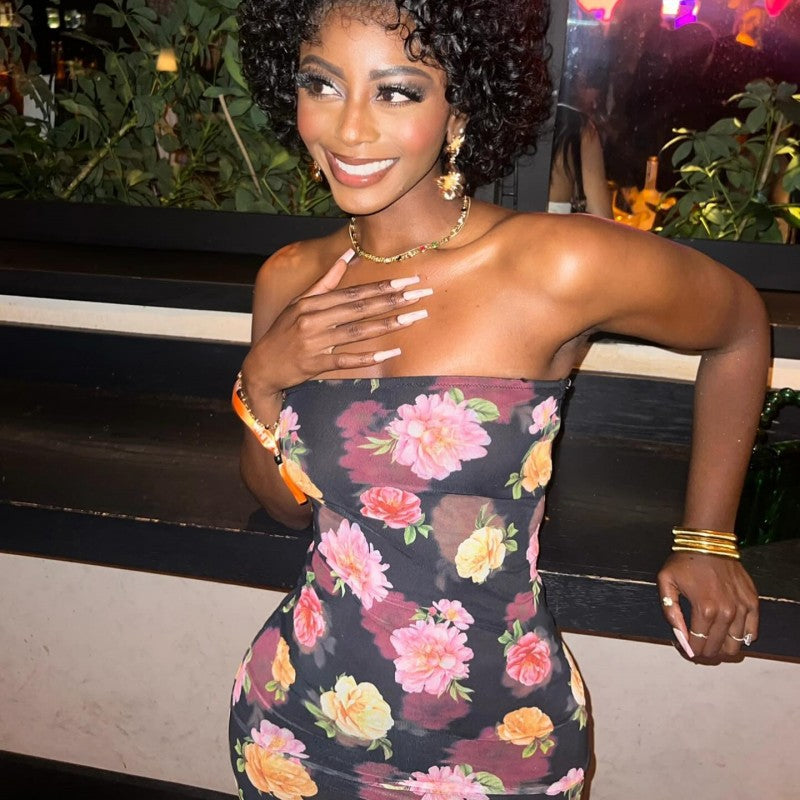 Summer Fashion Flower Print Sexy Strapless Short Dress 5