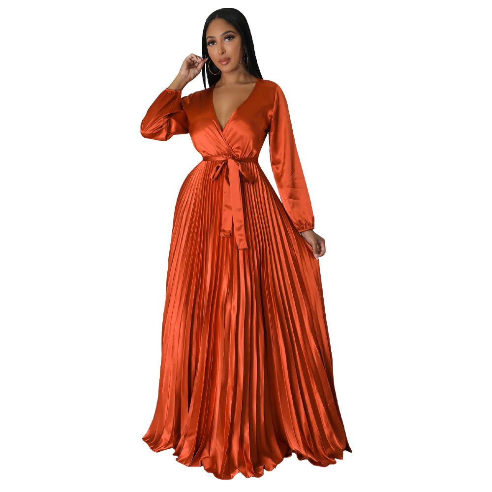 Women Autumn V-Neck Balloon Sleeve Pleated Dress 13