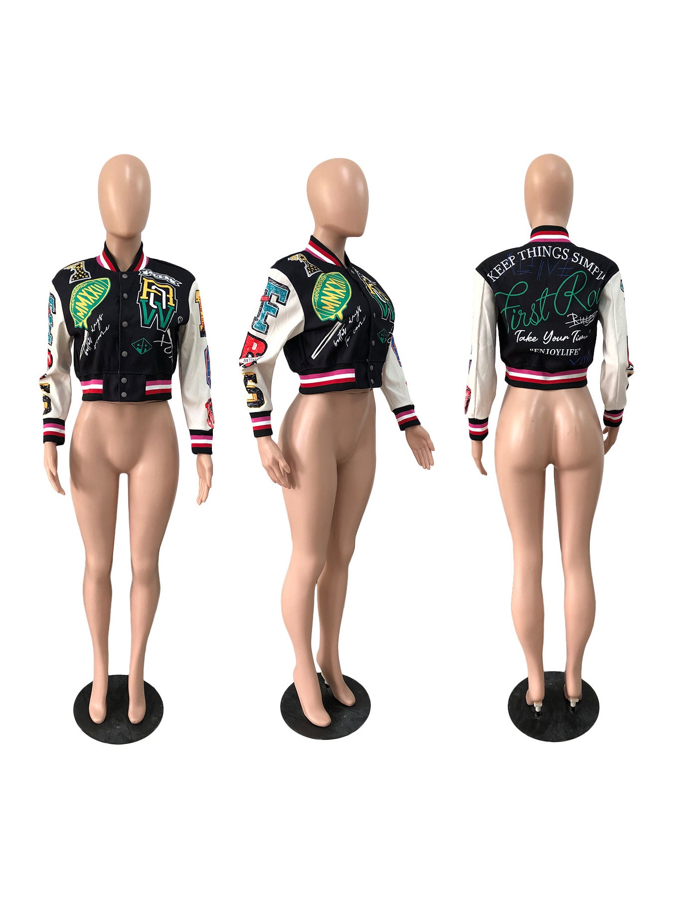 Women Fall/Winter Style Street Print Ribbed Baseball Jacket 5