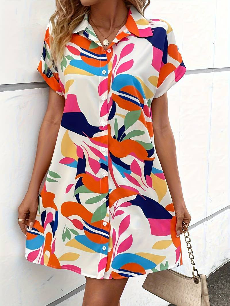 Women Printed Button Casual Short Sleeve Shirt Dress 6