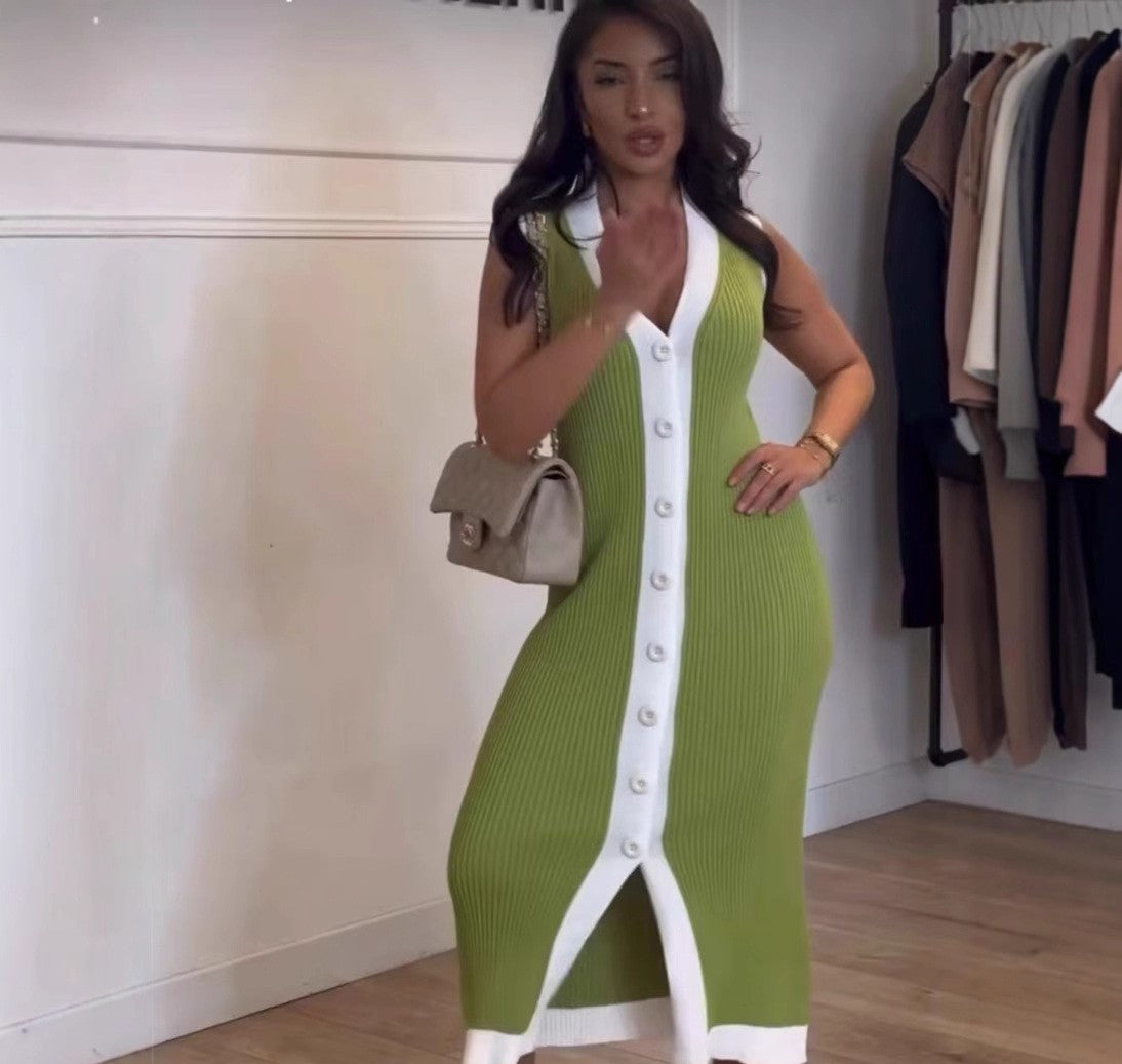 Women contrast Ribbed Single-breasted v-neck sleeveless knitting dress 9