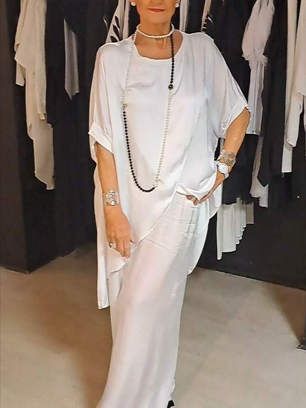 Women's Summer Solid Color Round Neck Casual Fashion Loose Irregular Two Piece Pants Set 12