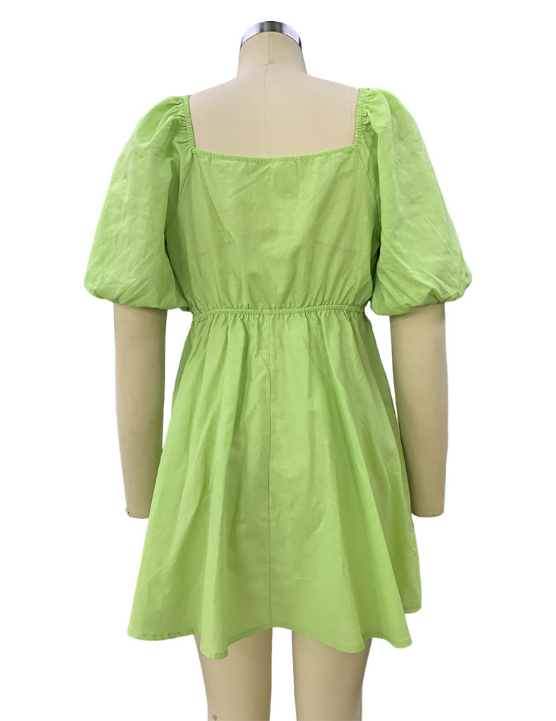 Spring Women's Fashion Square Neck Puff Sleeve Linen Dress 7