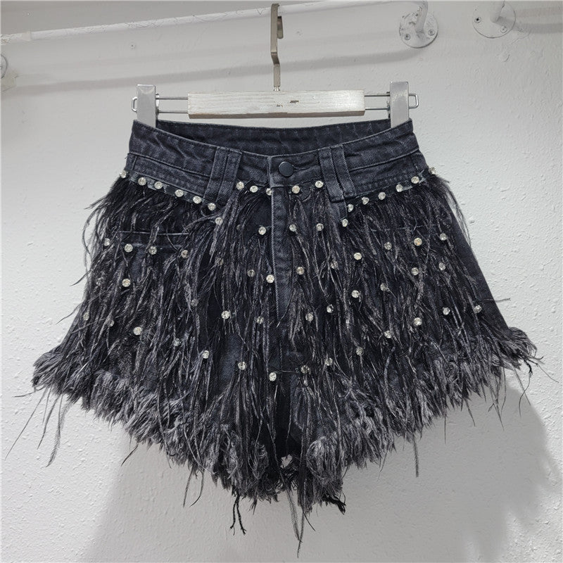 Women Summer Diamond Ostrich Feather Tassel Denim Shorts 3