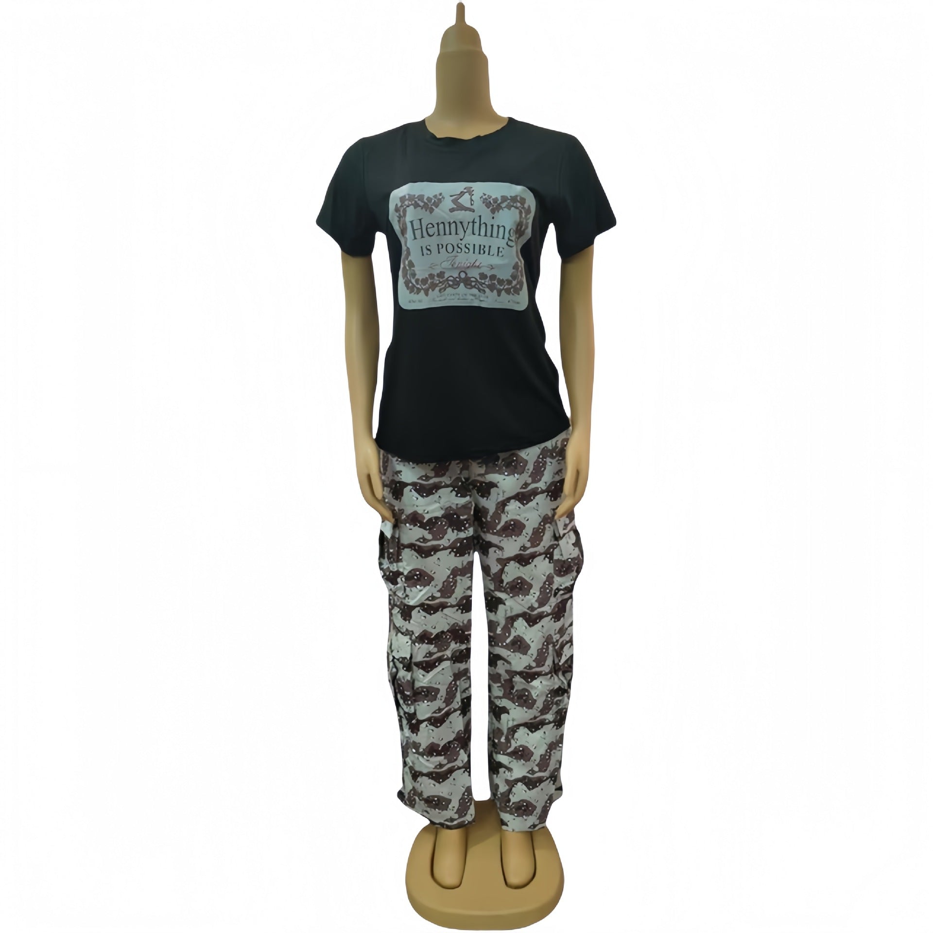 Women Plus Size Round Neck short-sleeved T-shirt camouflage trousers Casual sports Two Piece Set 4