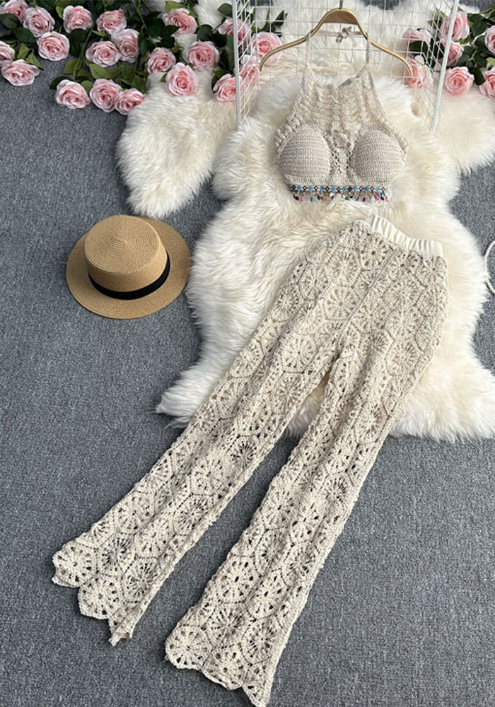 Sexy suspenders Halter Neck vest women's summer suit high waist hollow trousers two-piece set