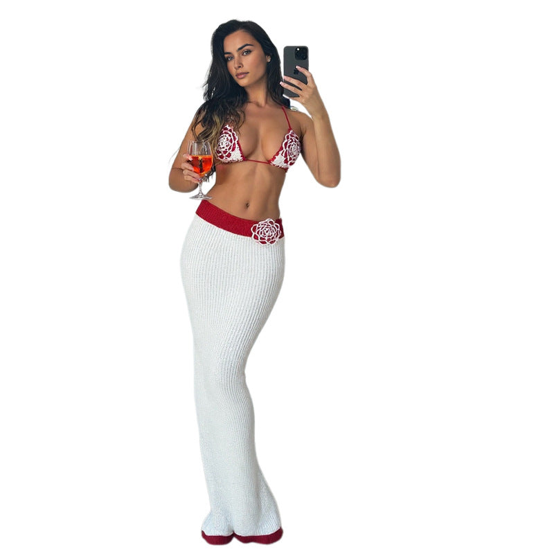 Women's Autumn Sexy Knitting Crochet Halter Neck Camisole Color Block Slim Skirt Set 18