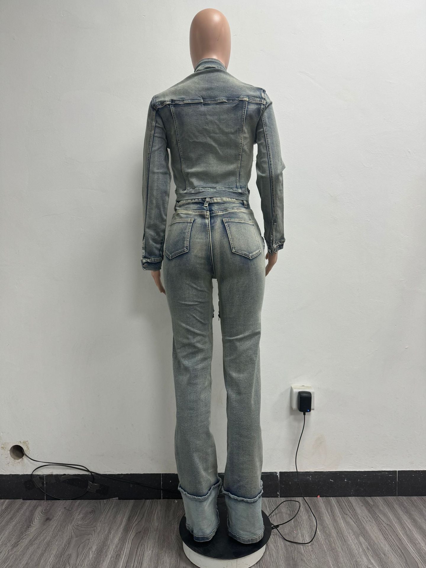 Women Spring Sexy Stretch Washed Zipper Denim Jacket Top and PantsTwo Piece Set 8