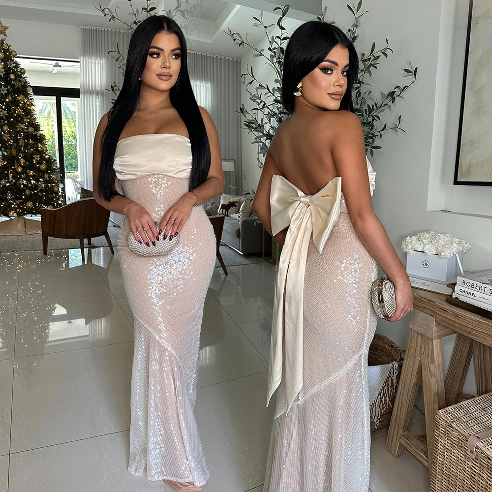 Women Sexy Strapless Satin Patchwork Sequin Fishtail Dress