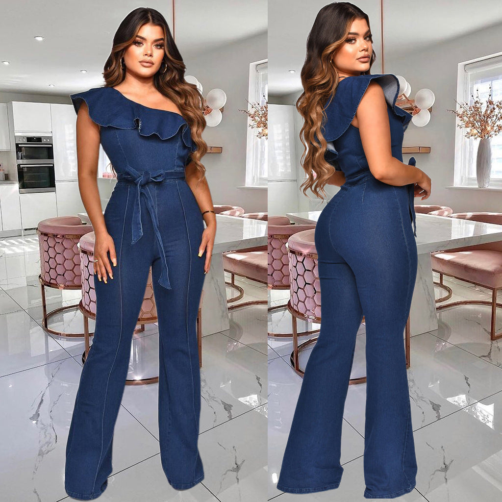 Women Ruffle Slash Shoulder Stretch Wide Leg Denim Jumpsuit 3