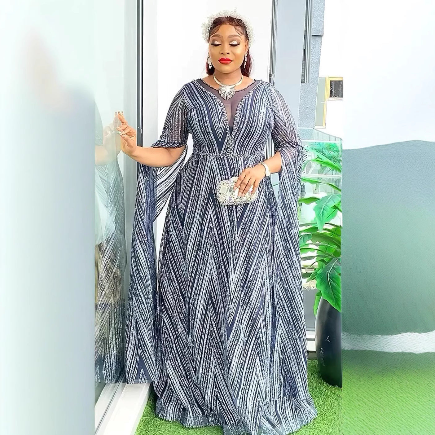 African Fashion Women's V-Neck Sequin Dress Plus Size Formal Party Dress 3