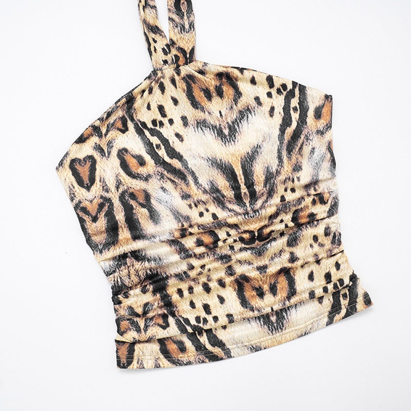 Women's Sexy Print Halter Neck Lace-Up Strapless Top with Slit Skirt Two-Piece Set 12