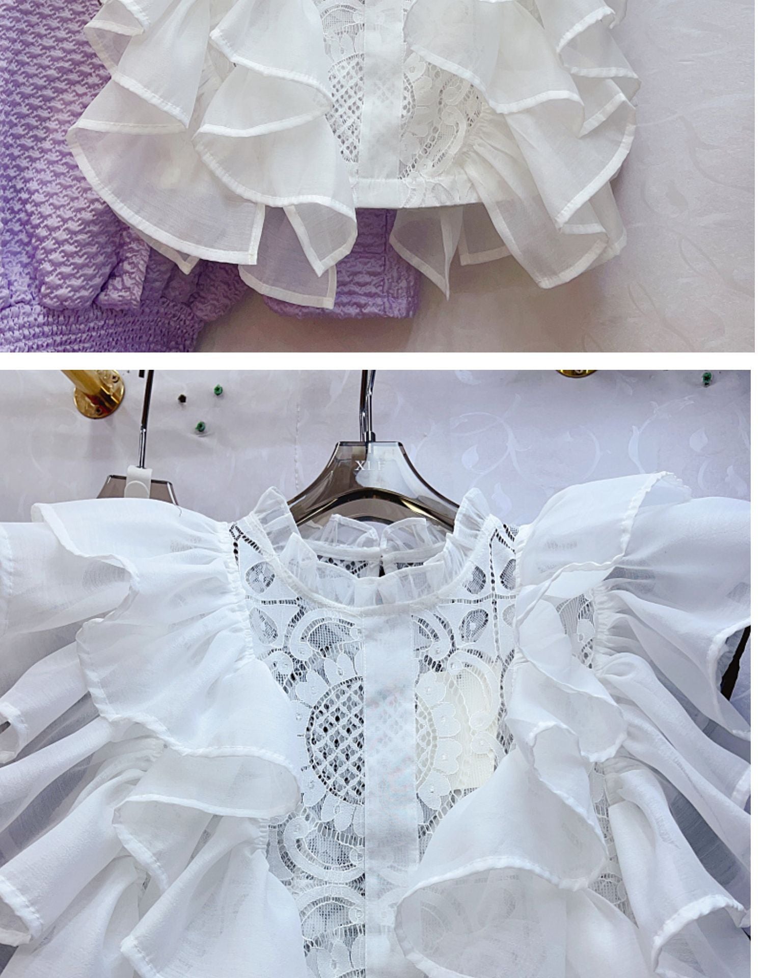 Women Summer French Ruffle Patchwork Crochet Hollow Stand Collar Lace Shirt 22