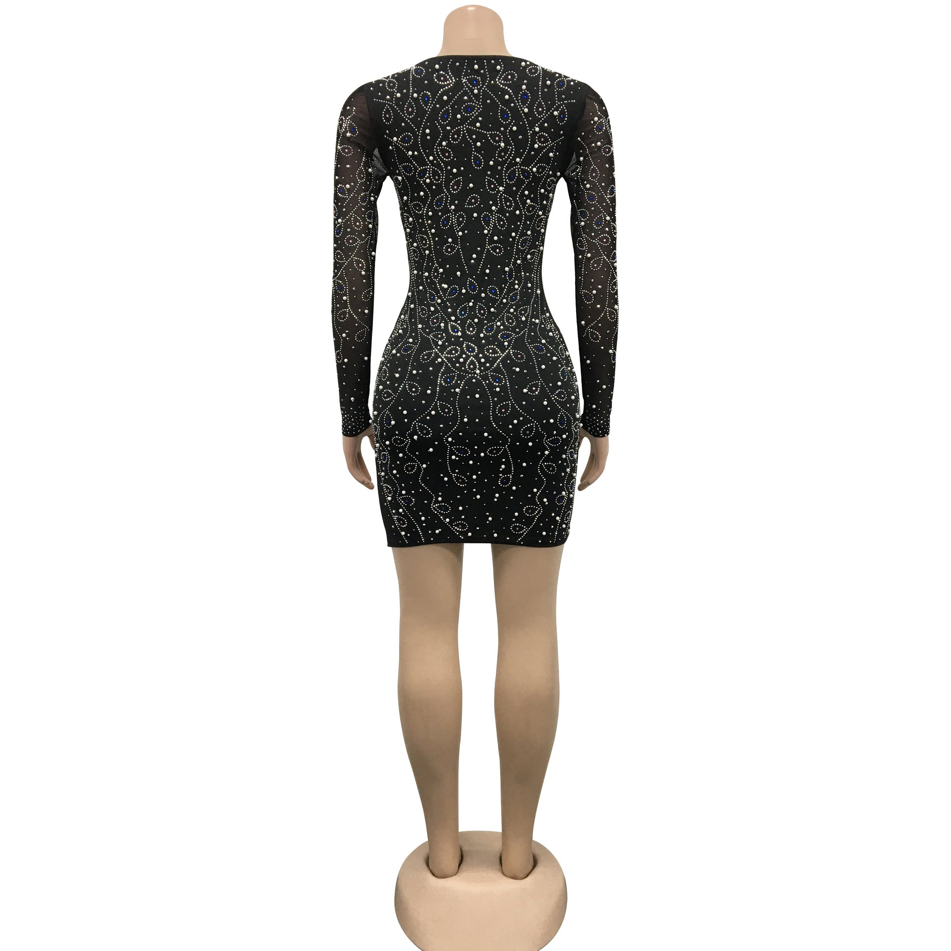 Women Sexy Beaded V-Neck Long Sleeve Mesh See-Through Bodycon Dress（customized,MOQ 6pcs/size/color,process time 7-10 days） 15