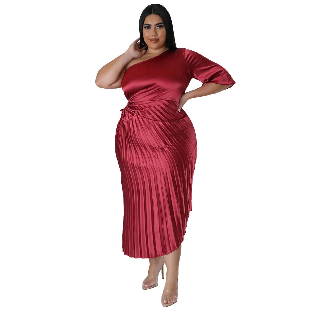 Women Sexy Slash Shoulder Drawstring Pleated Dress 8